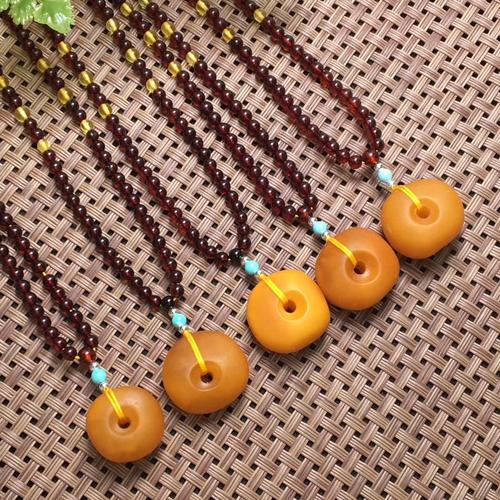 蜜蜡老蜜藏扣吊坠搭配琥珀彩虹链 蜡质饱满品质好可塘