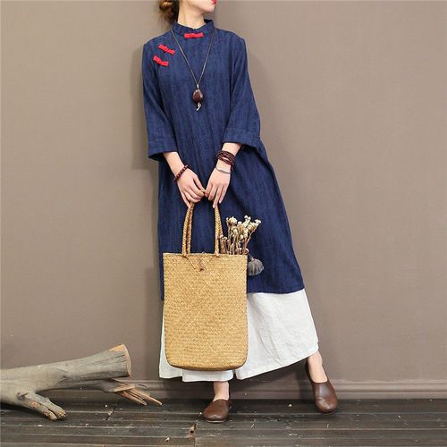 复古连衣裙提花棉麻中长袍子盘扣斜襟