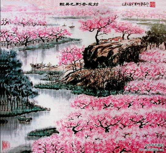 贾孝来国画轻舟已到杏花村