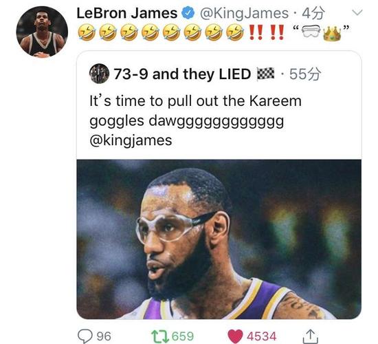 詹姆斯转发模仿贾巴尔戴护目镜的个人赛场合成