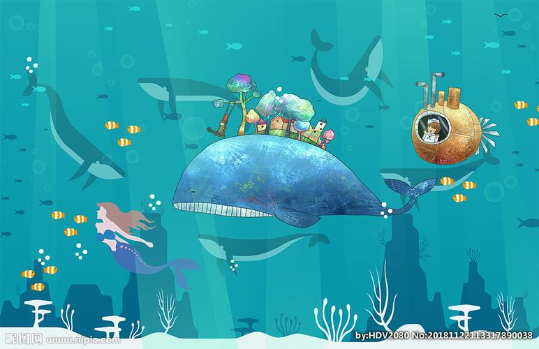 简约卡通手绘儿童房海底世界图片
