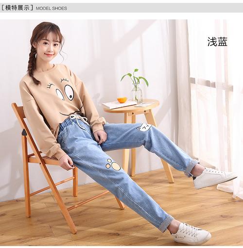 少女牛仔裤12春夏装14初中学生16韩版15岁松紧腰卡通大童宽松长裤_7折