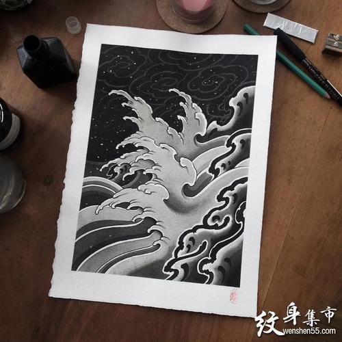 水浪浪花纹身手稿图案
