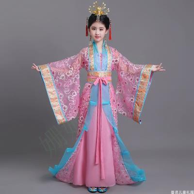 古装女童汉服女童j拖地长裙六一儿童唐装仙女表演服古代公主古筝