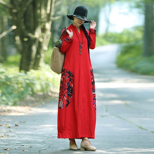 年秋季中国风棉麻原创设计宽松大码复古印花民族风连衣裙长袍 2018