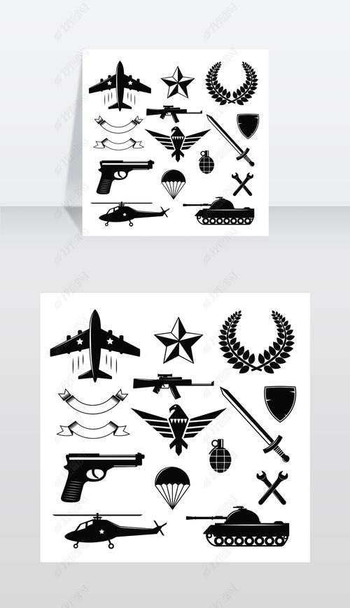 军事标志元素一套孤立的单像武器标志和矢量图
