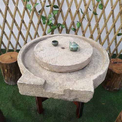 老石磨茶台茶桌凳子老榆h木老船木庭院茶盘茶几旧石磨石槽青石摆