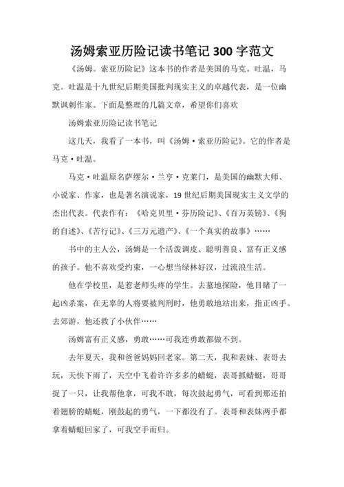 汤姆索亚历险记读书笔记300字范文doc