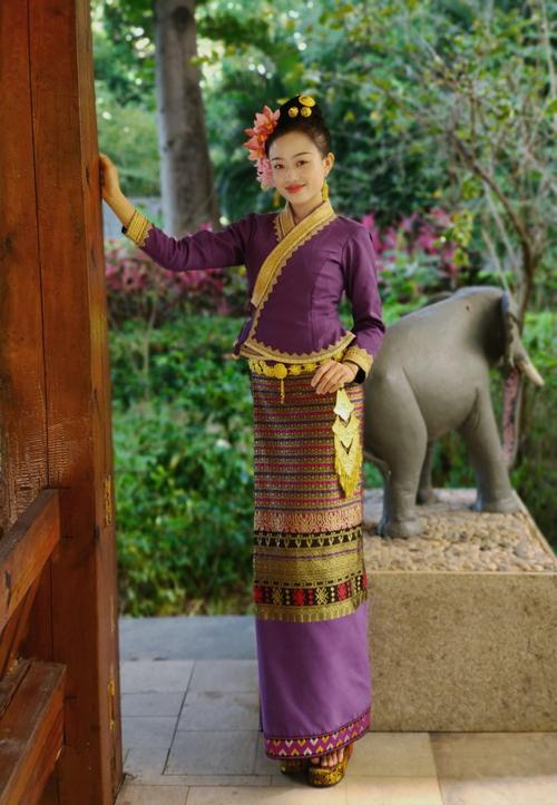 新款西双版纳玉美女气质修身傣族女装紫色交领长袖上衣条纹筒裙