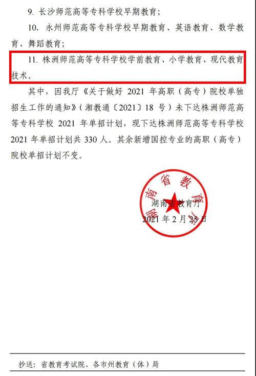 株洲师范高等专科学校单招计划获得湖南省教育厅批复