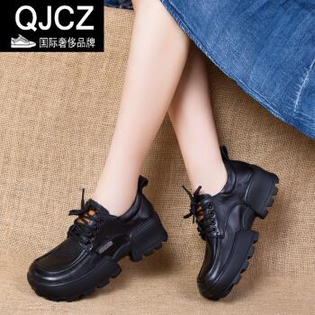 qjcz意大利风轻奢品牌女鞋新款复古英伦风厚底舒适真皮系带女单鞋中跟