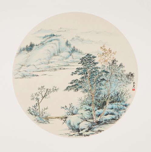 已裱卡纸斗方山水画手绘水墨画玄关客厅装饰画石玉夫真迹00006
