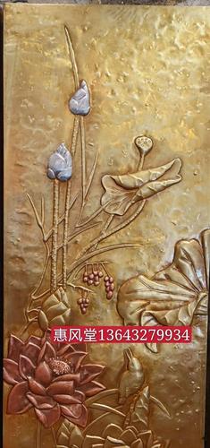 锻铜浮雕定制—黄铜紫铜四条屏荷花花鸟图客厅壁画定制完成,给您耳目