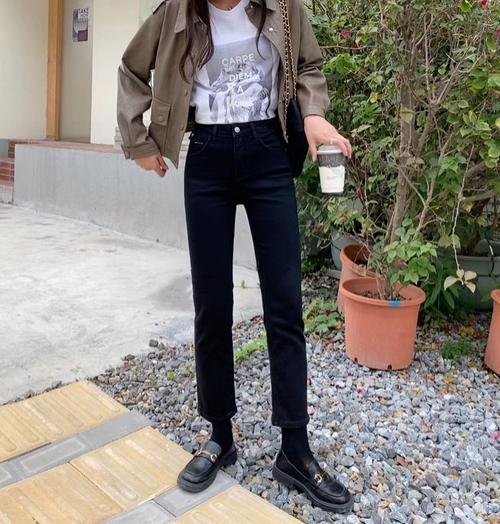新款女2021冬季九分宽松显瘦烟管裤蓝韩d096高腰加绒小直筒牛仔裤