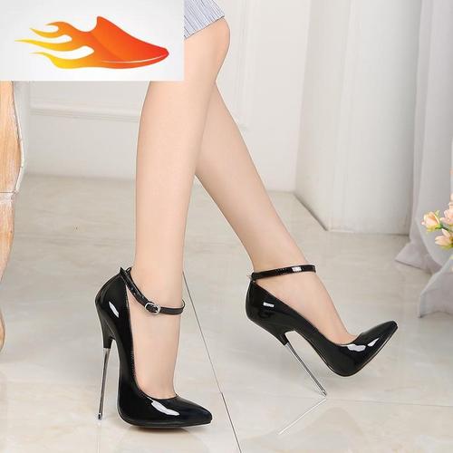 fishbasket13cm超高跟鞋细跟性感一字扣单鞋大码16厘米尖头薄底夜店