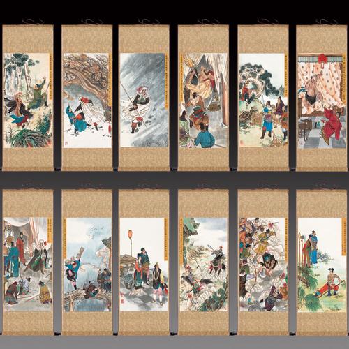 水浒传丝绸画卷卷轴画工工艺国画水墨画四大名著装饰画国画