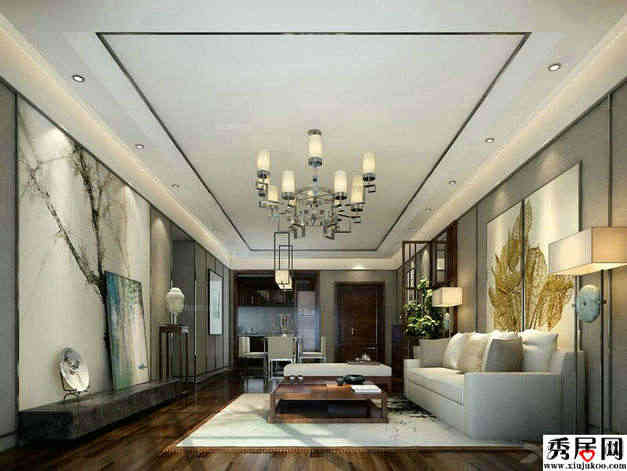 时尚黑色吊顶收边条室内效果图 原木色地板140平方米大面积客厅装修图