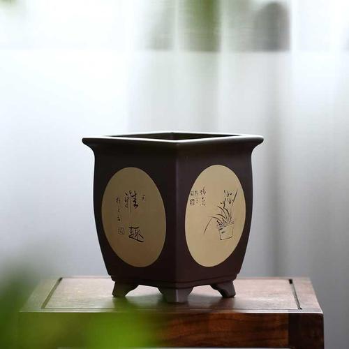 紫砂兰花盆名家蒯多辉款四方粉段泥浆精品正方形盆景盆  元婴行源头