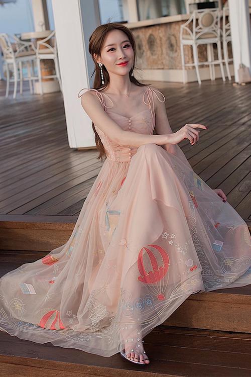 子歆家夏季新款法式少女复古刺绣网纱吊带裙蝴蝶结系带仙女连衣裙