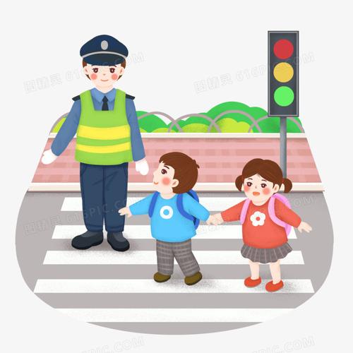 手绘卡通交警帮助小朋友过马路场景插画元素