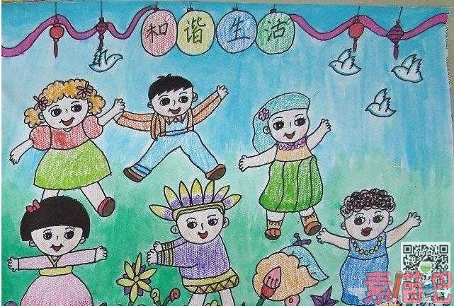 可爱的六一儿童节蜡笔画_蜡笔画作品_素描吧