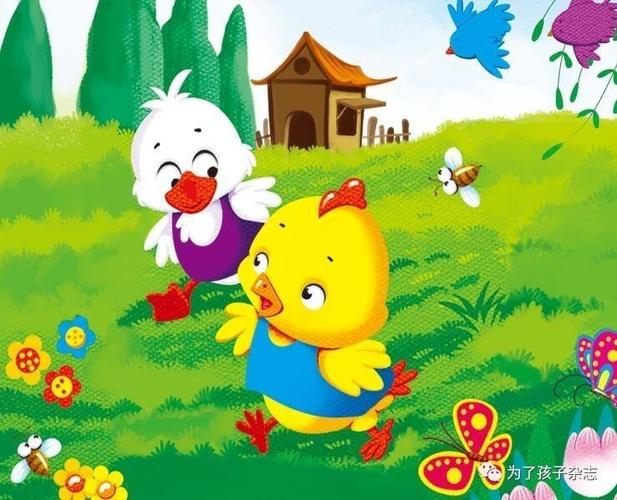 一天,小鸡和小鸭来到了草地上,他们一会儿捉蝴蝶,一会儿互相追逐