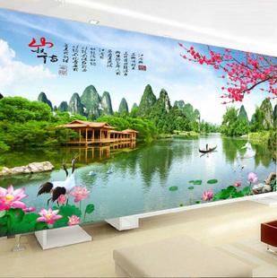 新款8d钻石画满钻客厅荷花山水情风景画钻石绣贴钻画十字绣圆钻