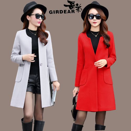 2016秋冬新款哥弟女装毛呢外套女中长款韩版修身显瘦羊绒呢.