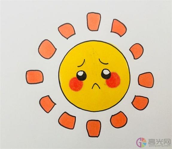 6,最后用橙色涂一下太阳四周的太阳光,那么这个带颜色的太阳简笔画就