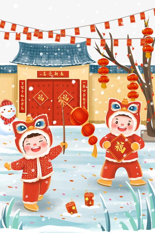 春节除夕手绘人物灯笼雪人爆竹