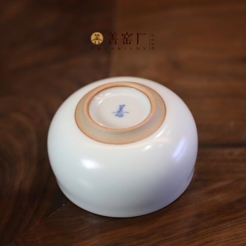 善窑厂李善明善款月白釉茶杯禅定杯开片可养高温汝瓷汝窑主人杯