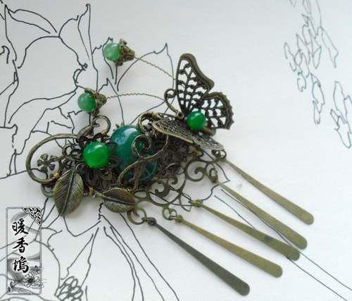 【翠翘】 玛瑙玉石发梳/发夹 手工发簪子