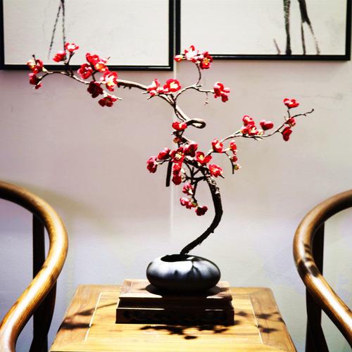 客厅中式花盆腊梅仿真花装假艺术插花绢布