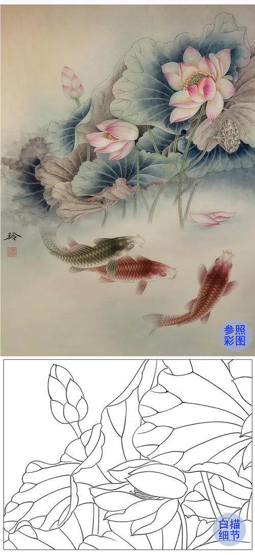 郑玲玲工笔画白描底稿荷塘鱼乐图多种白描尺寸可选zla2