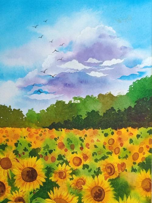 向日葵花海|水彩风景|手绘_水彩_风景_向日葵_手绘_花海_水彩风景临摹