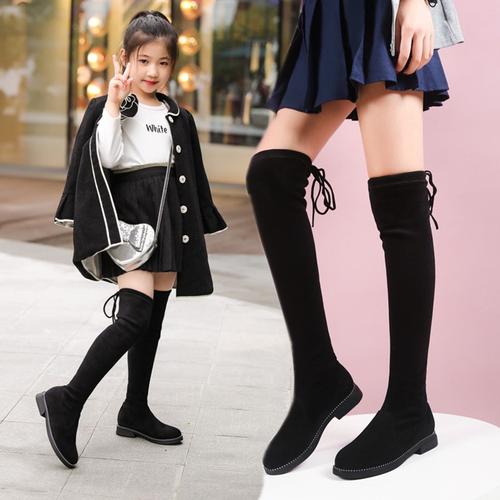 女童靴子过膝靴2020秋冬真皮加绒儿童长筒靴中大童洋气公主弹力靴——