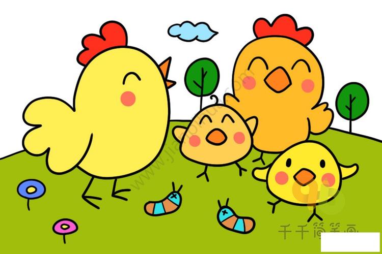 小鸡一家简笔画图片 欢乐的大家庭