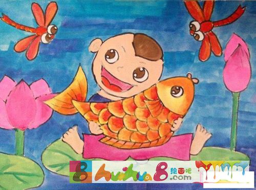好看的儿童画画图片,童子抱鲤鱼
