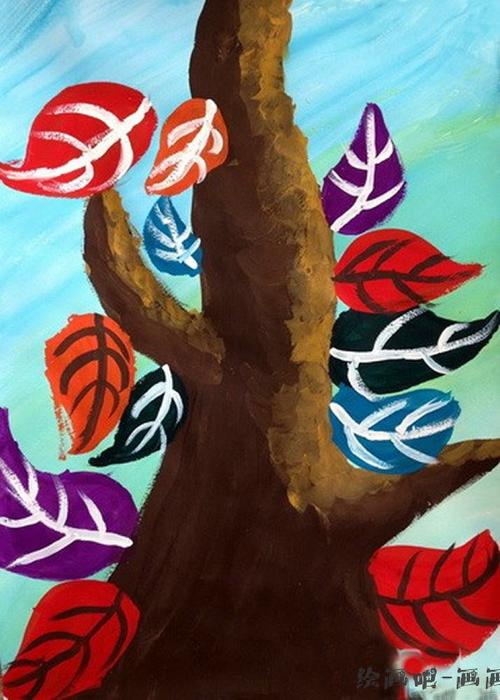 最美秋天树叶儿童画获奖作品_彩色的树叶/水粉画图片