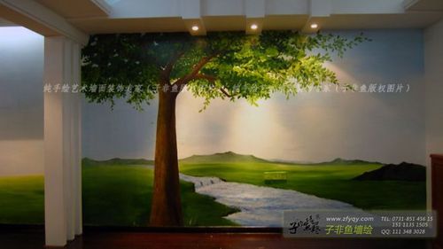 手绘墙画-大树草地溪流