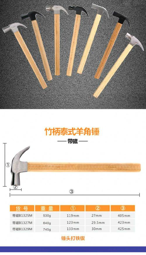 特钢工地竹柄方头直角羊角锤木工带磁锤子纯钢铁榔头木柄 美式【平面