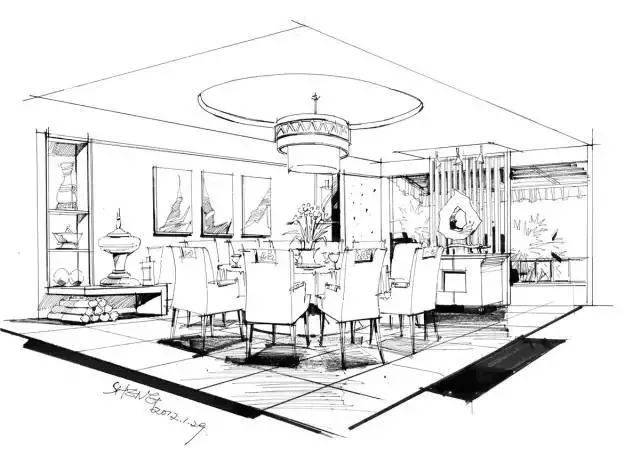 餐厅空间两点透视表现