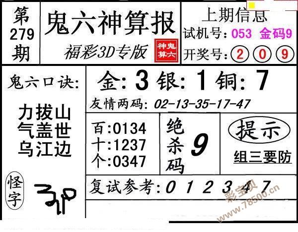 鬼六神算报279期3d图谜 3d14279期:天宇和值谜