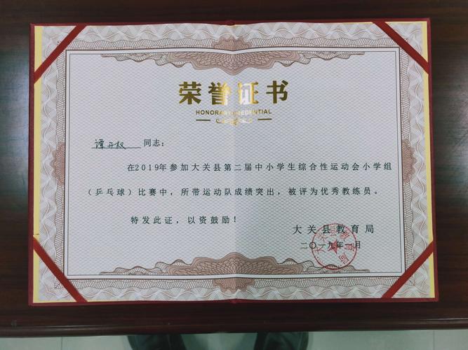 乒乓球队优秀教练员荣誉证书