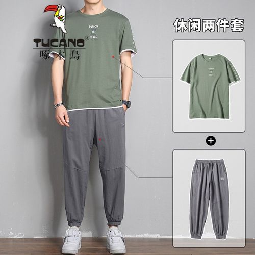啄木鸟短袖运动套装男夏季2021新款潮男士搭配一套帅气休闲夏装冰丝