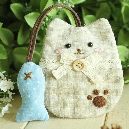 钥匙收纳包 棉麻布抽拉式 手工diy布艺材料包 小猫咪钓鱼钥匙包