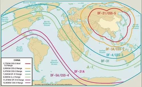 中国"东风"系列导弹射程范围(维基百科)