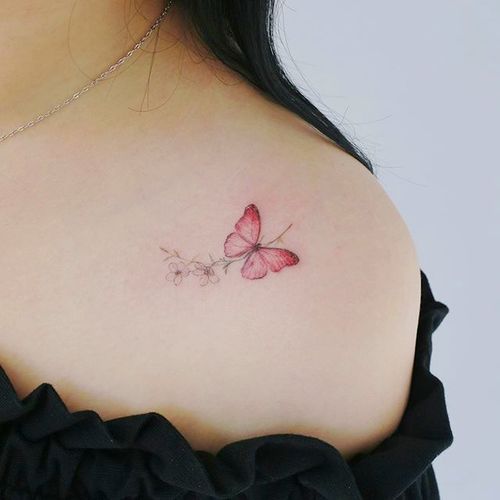 今日之星ins风粉红蝴蝶花朵纹身贴防水女持久蝶恋花图案锁骨刺青