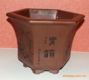 宜兴紫砂花盆/兰花盆/千筒/吴奎-六方画缸,红拼