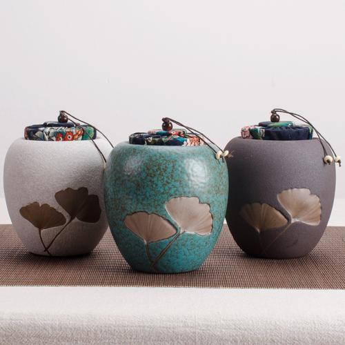 悟茶事 陶瓷茶叶罐 立体感银杏叶拓印便捷窑变粗陶密封储存罐